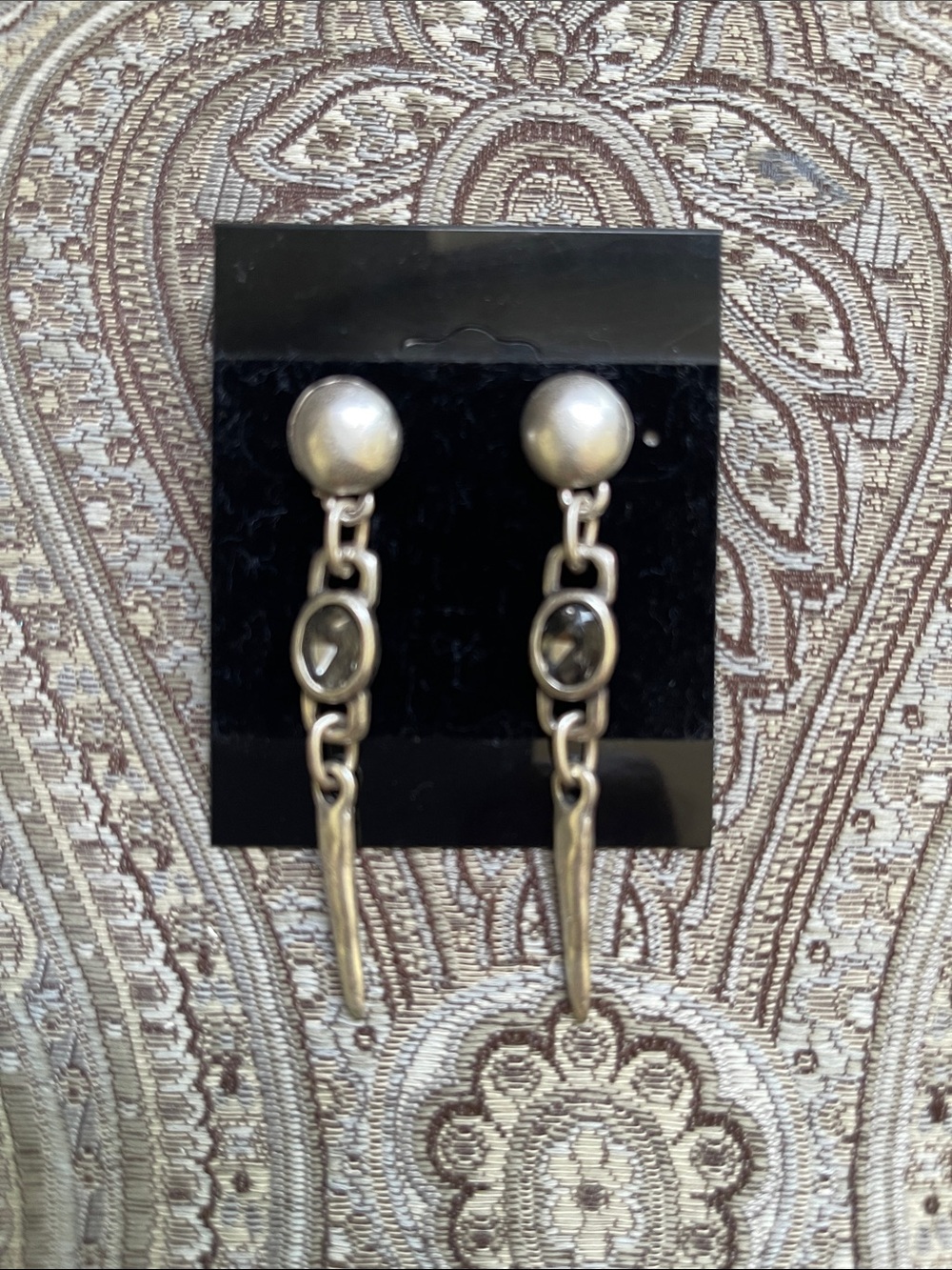 Silver Plated Drop Chain Earrings with Oval Accent